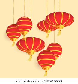 Linternas de papel rojo y oro colgando. Decoración para el festival chino de Año Nuevo y farolillos