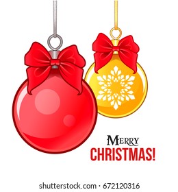 Hanging red and golden Christmas and New Year  balls with snowflake and bow. Isolated vector illustration for greeting card and other print design.