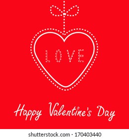 Hanging red heart with bow. Happy Valentines Day card. Illustration