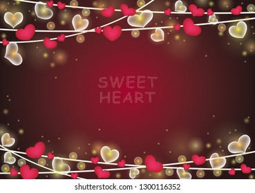 Hanging red heart with party light on luxury red background vector for decoration on wedding party and Valentine's day festival.