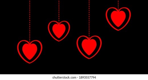 Hanging red hearts. Dash line. Happy Valentines Day. Love greeting card. Banner template. White background. Isolated. Flat design. Vector illustration