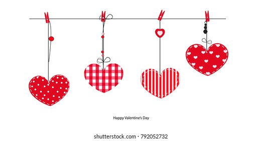 Hanging red hearts. Happy valentines day greeting card