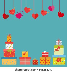 Hanging red hearts and multicolored gift boxes on light blue background. Flat design