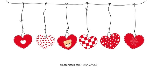 Hanging red nordic hearts Happy Valentine's day or Merry Christmas greeting card