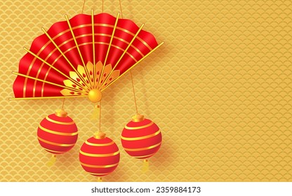 Hanging red paper lanterns and traditional red hand fan. Oriental Holiday Lunar New Year