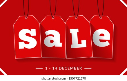 Hanging red sale tags on red background, sale banner, vector eps10 illustration