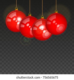 Hanging Red Shining Christmas Balls: Merry Christmas and Happy New Year Design Elements on a Dark Transparent Background. Vector Illustration.