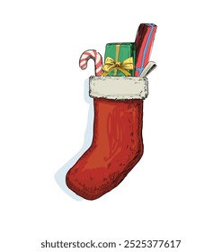 hanging red stocking full of gifts  santa claus christmas presents time winter holidays symbol isolated on white background