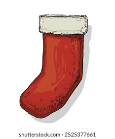 hanging red stocking santa claus christmas presents time winter holidays symbol isolated on white background