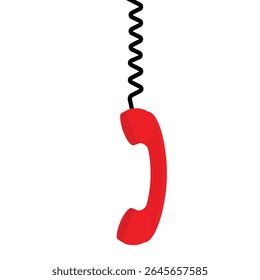 Hanging red telephone handset isolated on white background. Retro phone receiver with extension cord. Vector illustration