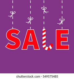 Hanging red text Dash line with bow. Sale Candy cane banner, advertising poster. Winter Merry Christmas season offer. Flat design. Violet background. Isolated. Vector illustration