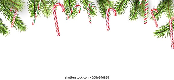 Kaninchen mit roten und weißen Süßigkeiten und Fichtenzweigen. Vektorgrafik für Feiertage.
