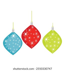 Hanging retro Christmas ornaments in red and green for use as frames, logos, or borders