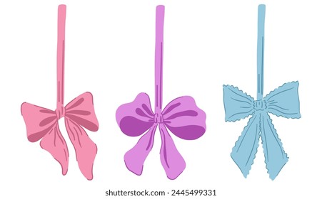 Hanging ribbon bow collection. Cute hand drawing elements. Coquette aesthetic bows set. Cartoon drawn colorful vector illustration isolated on white