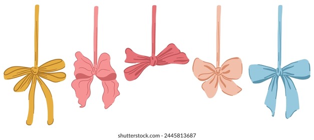 Hanging ribbon bow collection. Cute hand drawing elements. Coquette aesthetic bows set. Cartoon drawn colorful vector illustration isolated on white