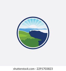 Hanging rock illustration logo with mountain view and green forest and beautiful sky, Design Inspiration