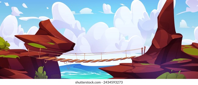 Hängende Seilfußbrücke über gefährlichen Abgrund zwischen felsigen Hängebelangen. Cartoon Vektor-Sommerlandschaft mit Fluss oder Meer, Stein hohe scharfe Kanten mit Gefahr Kluft zwischen seiner und extremen Weg.