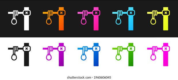 Colgando la soga de cuerda con bucle. Icono de la horquilla aislado en fondo blanco y negro. Rope atado a la nariz. Suicidio, ahorcamiento o linchamiento.  Vector