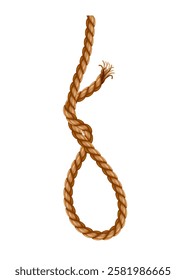 Hanging rope with tassel and node. Knitted nautical thread or marine vertical fiber. Textile tassel hang at rope isolated on white background. Vector illustration