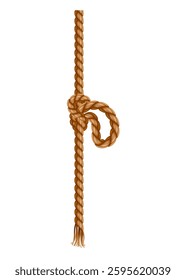 Hanging rope with tassel and node. Knitted nautical thread or marine vertical fiber. Textile tassel hang at rope isolated on white background. Vector illustration