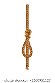 Hanging rope with tassel and node. Knitted nautical thread or marine vertical fiber. Textile tassel hang at rope isolated on white background. Vector illustration