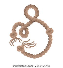 Hanging rope with tassel and node. Knitted nautical thread or marine vertical fiber. Textile tassel hang at rope isolated on white background. Vector illustration