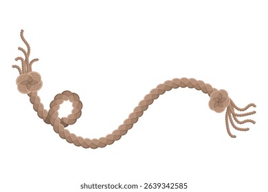 Hanging rope with tassel and node. Knitted nautical thread or marine vertical fiber. Textile tassel hang at rope isolated on white background. Vector illustration