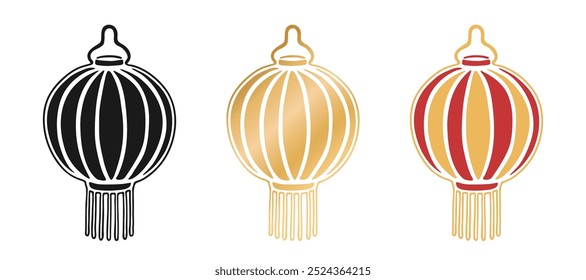 Hanging round Chinese lantern isolated on white. Drawing black silhouette, golden and yellow red colors. Vector clipart for oriental design, asian traditional Festival and New Year decoration.