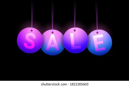 hanging sale tag in neon light color with shadow in black color background
