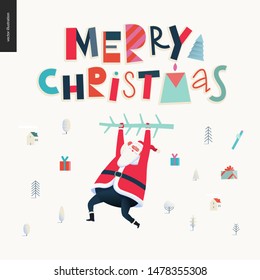 Hanging Santa Claus - Merry Christmas and Happy New Year greeting card - modern flat vector concept illustration of Santa Claus hanging on his hands over the snow-covered landscape, houses and trees