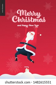 Hanging Santa Claus - Merry Christmas and Happy New Year greeting card - modern flat vector concept illustration of Santa Claus hanging on his hands over the snow-covered landscape, houses and trees