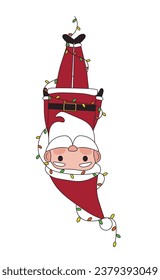 Hanging Santa Claus tied with Christmas garland on white backgro