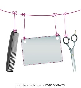 Hanging scissors with a black comb and empty sign for text.  Eps 10 vector file.