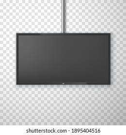 Hanging screen realistic mockup. Widescreen empty monitor template. Place for your image. LCD panel, modern digital device, display. Vector screen isolated on transparent background.