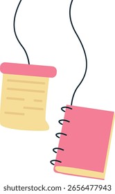 Un pergamino colgante con cuaderno, que significa educación, creatividad, documentación, papelería y herramientas de aprendizaje escolar en un diseño plano juguetón.