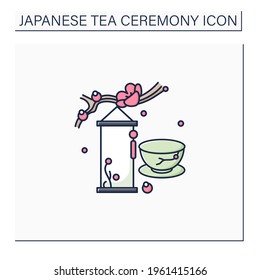 Hanging scrolls color icon. Chinese oriental vintage asian scroll. Japanese wallpaper. Ethnic and national ceremony. Sakura twig. Tea ceremony concept.Isolated vector illustration