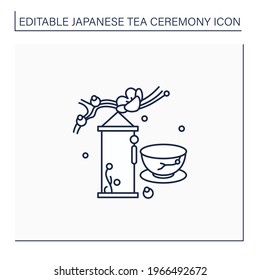 Hanging scrolls line icon. Chinese oriental vintage asian scroll. Japanese wallpaper. Ethnic and national ceremony. Sakura twig. Tea ceremony concept.Isolated vector illustration.Editable stroke