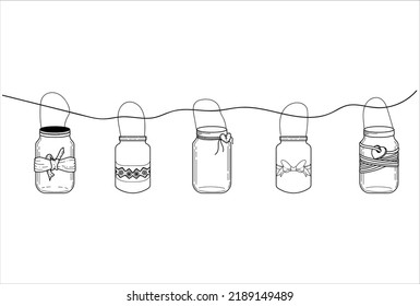 Hanging Set of Mason Jars Line Art on White Background 