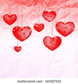 Hanging seven red hearts with laconic lace-like outline and lighting white dots on graphic stylized art cobweb background