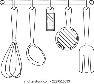 Revestimiento colgante con utensilios de cocina. Todavía la vida en la mesa de la cocina. Dibujo continuo de líneas. Ilustración del vector