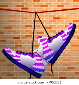 hanging shoes over wall background, abstract vector art illustration