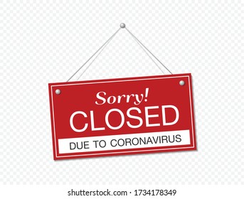 Hanging sign about coronavirus and close-up on a red closed sign of a shop displaying the message "Sorry closed due to coronavirus".