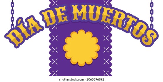 Hanging sign celebrating the Mexican 'Dia de Muertos' -or Day of the Dead-, purple and perforated tissue paper and yellow marigold flower.