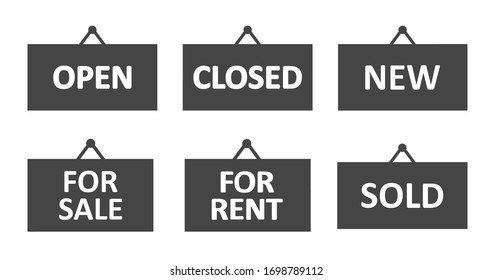 Hanging sign icon set, vector. Open, closed, new, for sale, for rent and sold words.