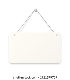 Hanging sign. Realistic blank signboard. White paper sheet attached to wall with metallic button. Empty square cardboard with rounded edges. Reminder pinned by silver metal nail. Vector signage mockup
