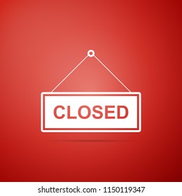 Hanging sign with text Closed door icon isolated on red background. Flat design. Vector Illustration