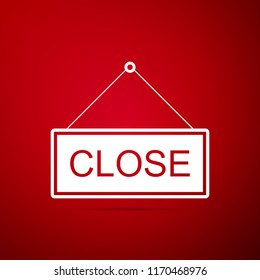 Hanging sign with text Closed icon isolated on red background. Business theme for cafe or restaurant. Flat design. Vector Illustration