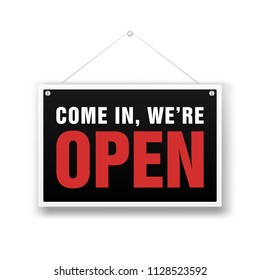 Hanging sign with text Come in, we're open icon isolated on white background. Business theme for cafe or restaurant. Vector Illustration