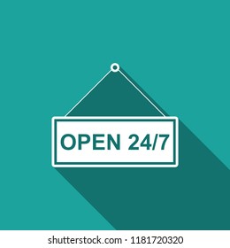Hanging sign with text Open 24/7 hours icon isolated with long shadow. Business theme for cafe or restaurant, club and bar. Flat design. Vector Illustration