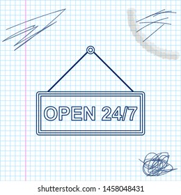 Hanging sign with text Open 24-7 hours line sketch icon isolated on white background. Business theme for cafe or restaurant, club and bar. Vector Illustration